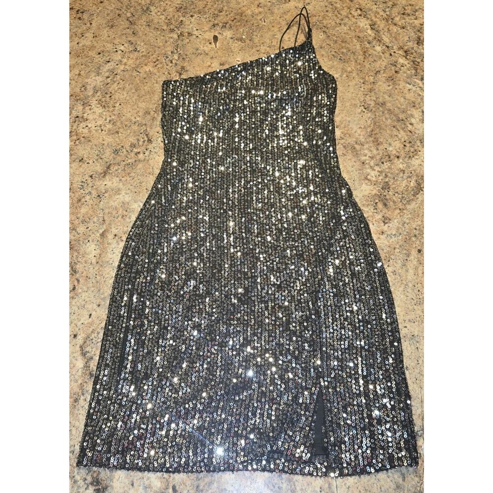 Prom Homecoming Dress One Shoulder Sequin Bodycon Party Black/Silver Crystal Sky